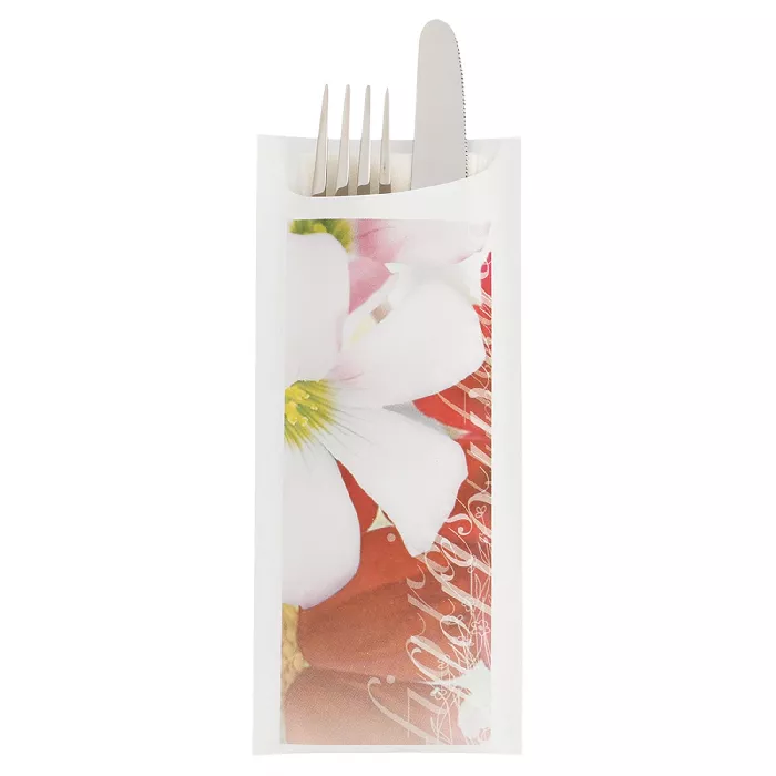 Bolsas cubiertos + servilleta "flores" 'just in time open' , 90 + 10pe g/m2 8,5x19,5 cm blanco airlaid (250 unid.)