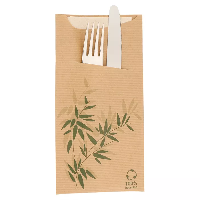 Bolsas cubiertos + servilleta 'just in time - feel green' 80 + 10pe g/m2 11,2x22,5 cm natural kraft verjurado (400 unid.)