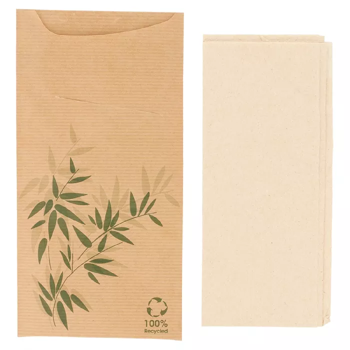 Bolsas cubiertos + servilleta 'just in time - feel green' 80 + 10pe g/m2 11,2x22,5 cm natural kraft verjurado (400 unid.)