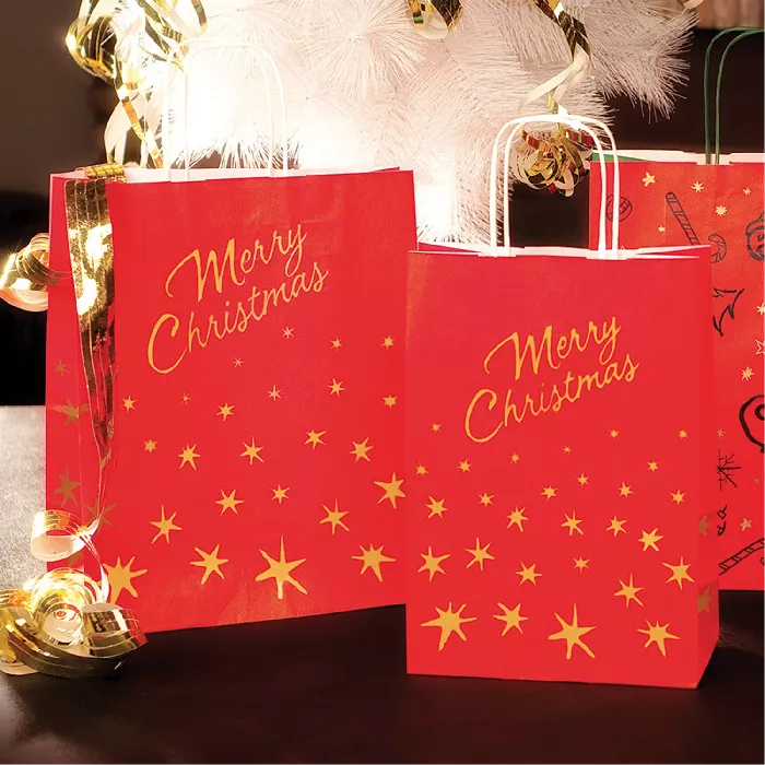 Sacchetti sos con manici 'merry christmas' 80 gr/m2 20+10x29 cm rosso cellulosa (250 unità)