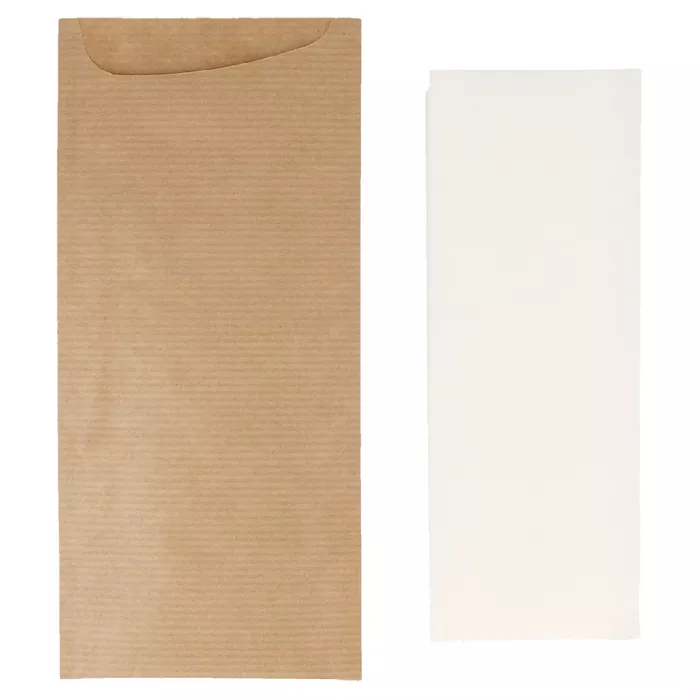 Bolsas cubiertos + serv. airlaid blanca 'just in time open'  80 + 10 pe g/m2 8,5x19,5 cm natural kraft verjurado (250 unid.)