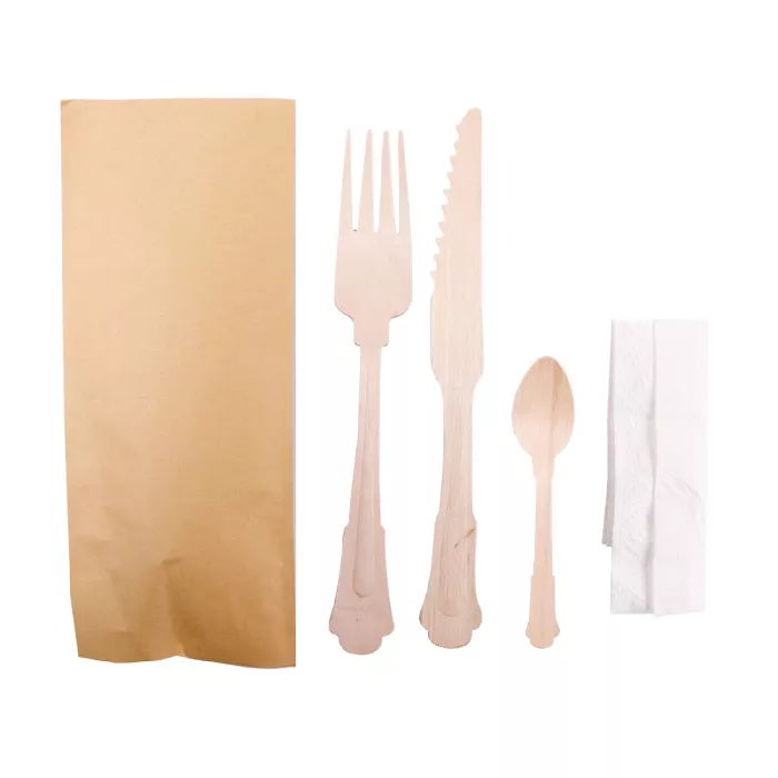 Set 4/1 cubiertos+servilleta 'wood' classic  20 cm natural madera (100 unid.)