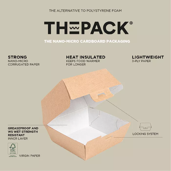 Conchas hamburguesa 'thepack' 220 g/m2 13x12,5x6,2 cm (s) natural cartón ondulado nano-micro (450 unid.)