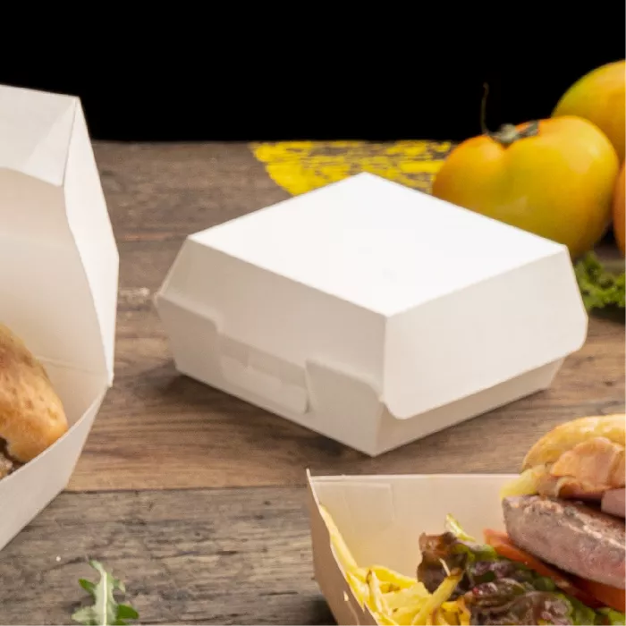 Conchas hamburguesa 'thepack' 230 g/m2 13x12,5x6,2 cm (s) blanco cartón ondulado nano-micro (450 unid.)