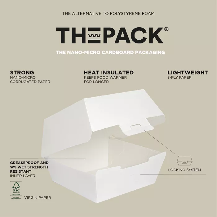 Conchas hamburguer 'thepack' 230 g/m2 14,4x13,6x9,2 cm (l+) branco cartão ondulado nano-micro (500 unidade)