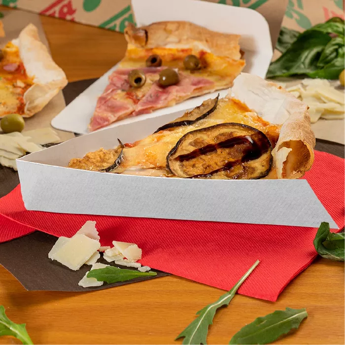 Vaschette triangolare pizza 'thepack' 230 g/m2 21x16,5x3,5 cm bianco cartone ondulato a nano-micro (1200 unità)