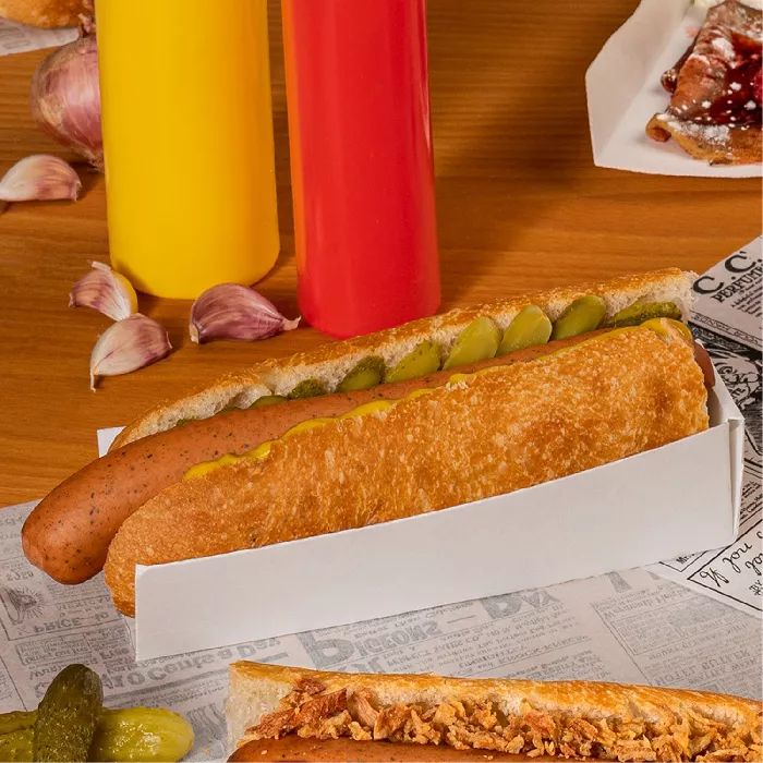 Vaschette hot dog 'thepack' 230 g/m2 4,7x18,2x4 cm bianco cartone ondulato a nano-micro (1200 unità)