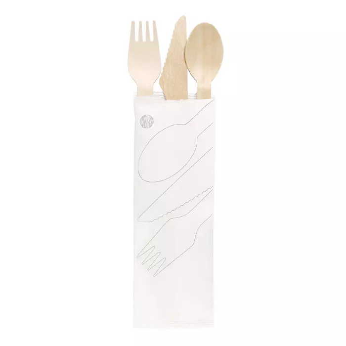 Set 3/1 forchetta, coltello, cucchiaio 'wood' makan  16 cm naturale legno (100 unità)