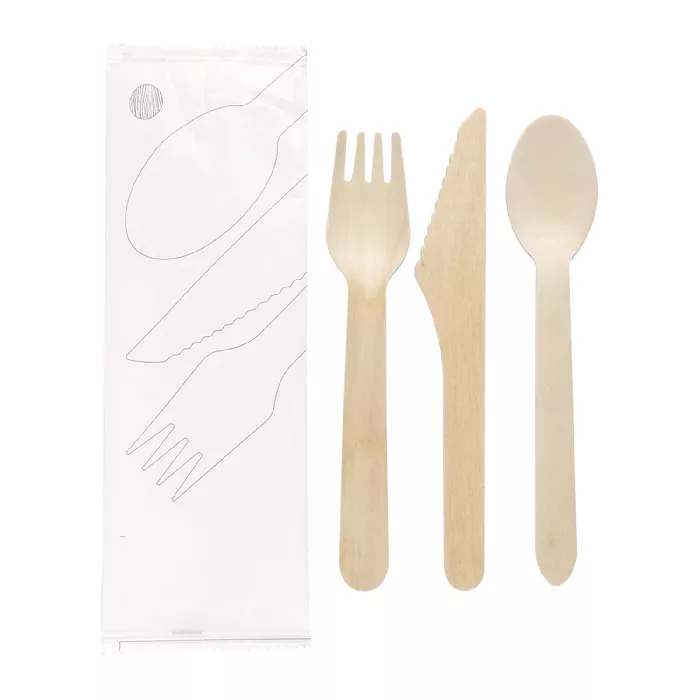 Set 3/1 forchetta, coltello, cucchiaio 'wood' makan  16 cm naturale legno (100 unità)