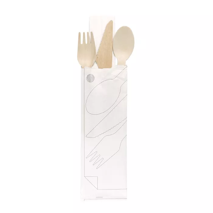 Set 4/1 posate + tovagliolo 'wood' makan  16 cm naturale legno (100 unità)