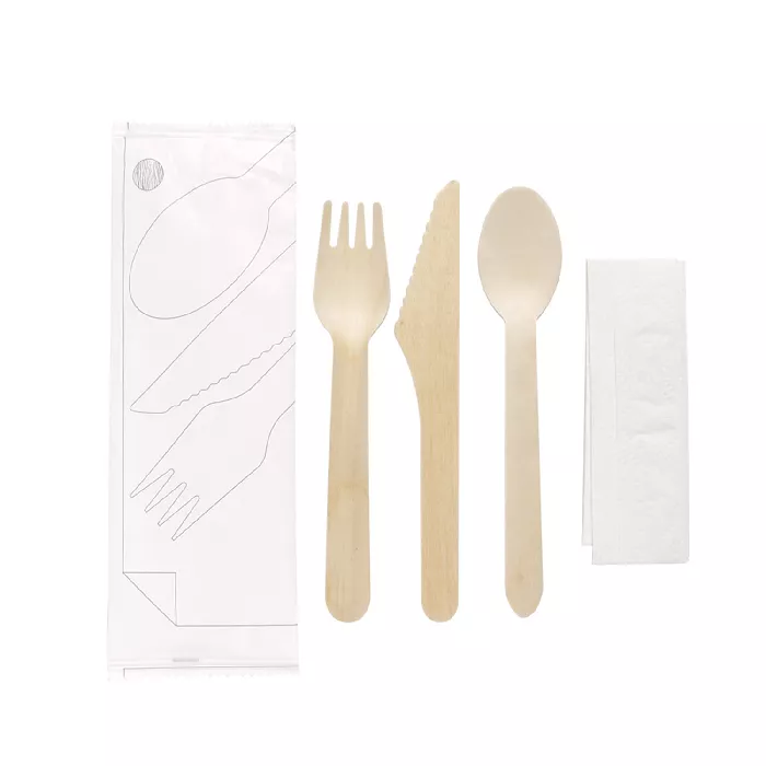 Set 4/1 posate + tovagliolo 'wood' makan  16 cm naturale legno (100 unità)