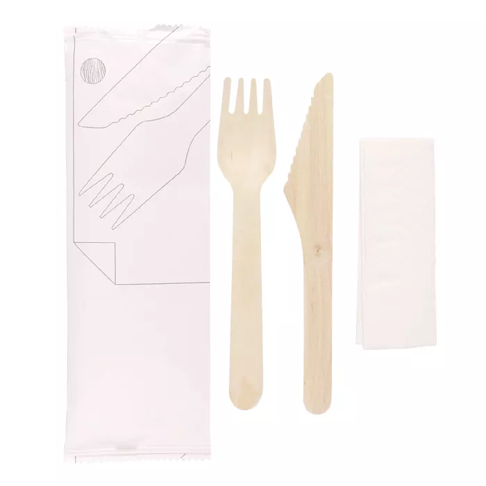 Set 3/1 posate + tovaglioli 'wood' makan  16 cm naturale legno (100 unità)
