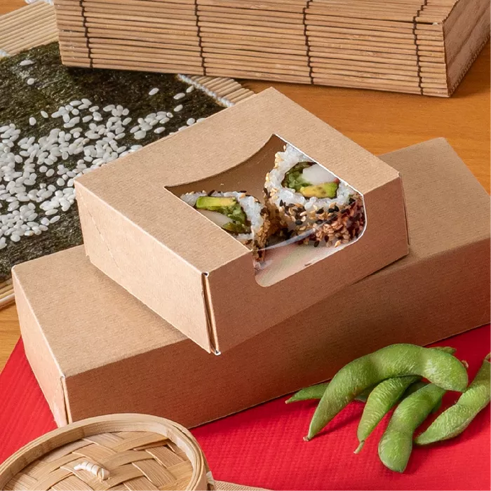 Caixas sushi+janela 'thepack' 220 g/m2 + opp 10x10x4 cm castanho cartão ondulado nano-micro (400 unidade)