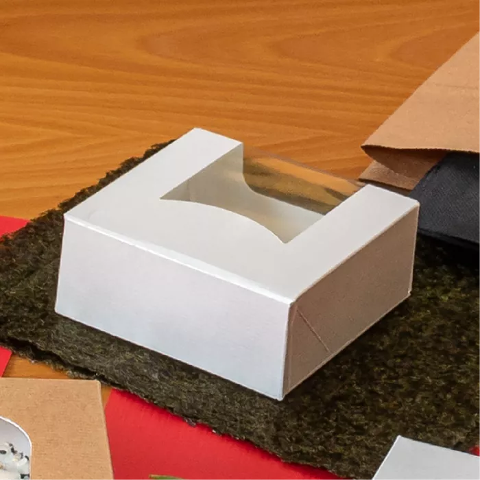 Caixas sushi+janela 'thepack' 230 g/m2 + opp 10x10x4 cm branco cartão ondulado nano-micro (400 unidade)