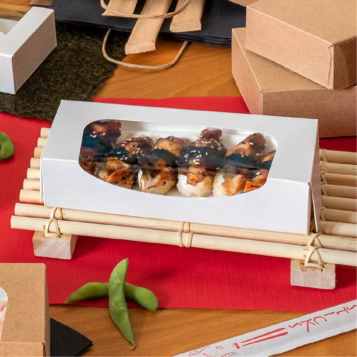 Caixas sushi+janela 'thepack' 230 g/m2 + opp 19,7x9x4,5 cm branco cartão ondulado nano-micro (400 unidade)