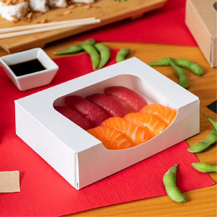 Caixas sushi+janela 'thepack' 230 g/m2 + opp 17,5x12x4,5 cm branco cartão ondulado nano-micro (400 unidade)