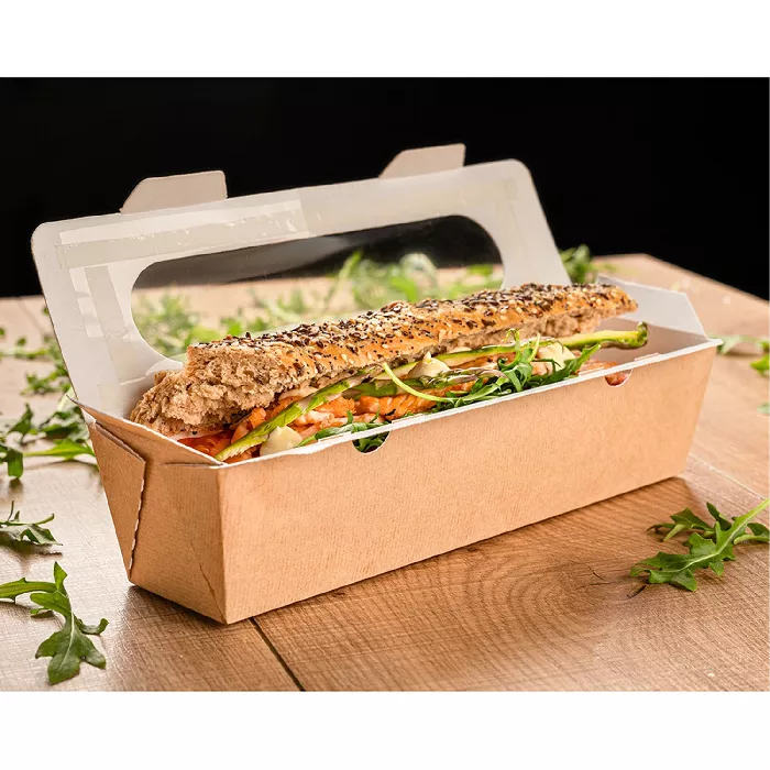 Caixas c/janela p/sandwich - baguette 'thepack' 220 g/m2 + opp 27,5x8x6,2 cm natural cartão ondulado nano-micro (200 unidade)