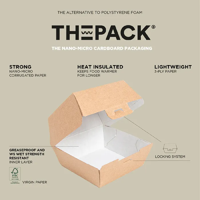 Conchas Hamburguesa "ThePack"  220 G/M2 13x12,5x6,2 CM (S) Natural Cartón ondulado nano-micro (450 UNID.)