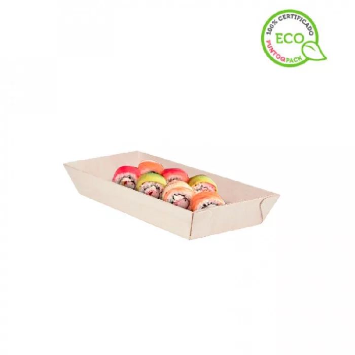 100 unidades. Bandeja de sushi de madeira samurai (21,5x8,5x3cm) | Ref: PW210SAMBQ215